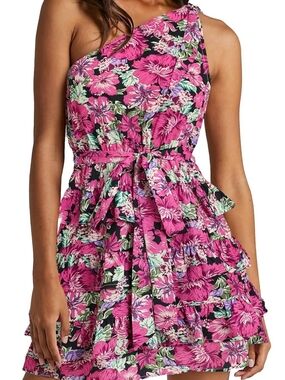 Hot Bright Pink Floral One-Shoulder Dress Flowy Adjustable